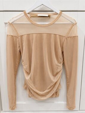 Helmut Lang Nude Sheer Yoke Ruched Long-Sleeve Top